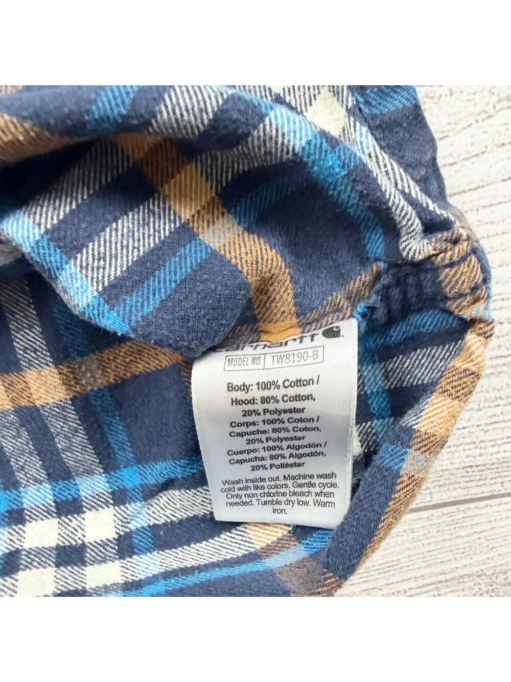 Carhartt Boys Flannel Hooded Shirt Shacket Blue Plaid Button Down Medium 10-12 - Picture 3 of 4